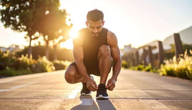 Runner tying shoelaces on sneakers outdoors with sunlight in background, fitness activity concept