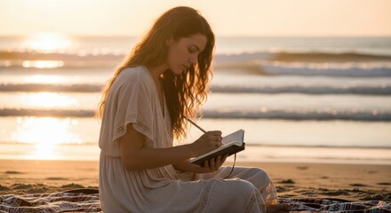 Soft waves lap at the shore as a woman sits on a blanket, writing in her notebook. Golden sunlight casts a warm glow, creating a peaceful atmosphere perfect for reflection