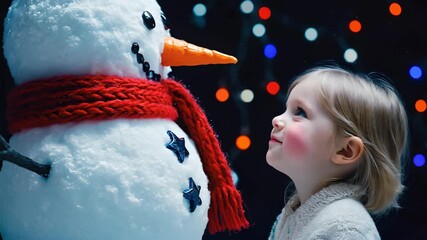 Little child smiling at snowman with red scarf under glowing Christmas lights, magical winter holiday video capturing festive wonder and joyful seasonal atmosphere - Powered by Adobe