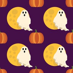 Halloween Seamless Pattern with Ghost Pumpkin and Full Moon on Dark Background