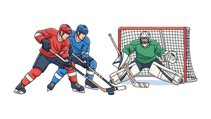 Hockey Action: A dynamic illustration captures a hockey game's essence, depicting players in action. A goalie and two skaters are engrossed in a moment of fierce competition.