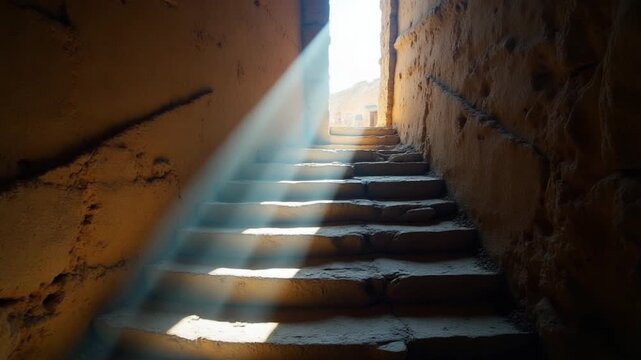 Light pours through a narrow opening above crumbling stone steps