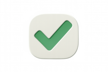 Green check mark symbol inside rounded white square, signifying confirmation, approval, success on transparent background, 3d rendered graphic element