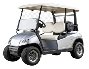 Modern electric golf cart in white and metallic silver isolated on transparent background