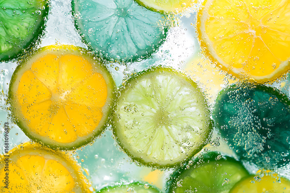 Poster close up of lemon and lime citrus fruit slices in sparkling water with bubbles.