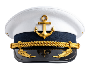  White captain’s hat with golden anchor emblem isolated on transparent background