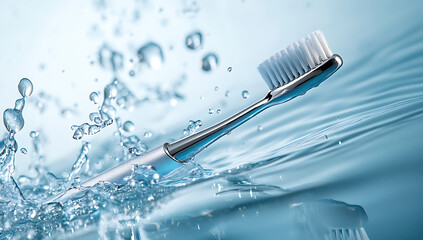 Silver toothbrush submerged in clear water with bubbles and splashes, showcasing dental hygiene and cleanliness.