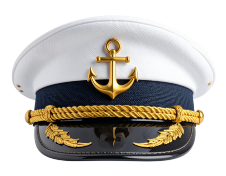  White captain’s hat with golden anchor emblem isolated on transparent background