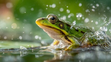 Green frog emerging from water splash