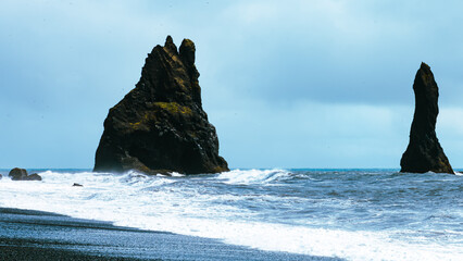 Wonderful beautiful black beach in Iceland, black volcanic sand at the beach