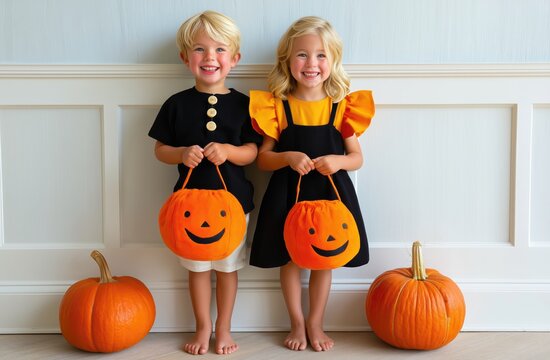 Cute smiling boy and girl in costumes holding funny pumpkins for Halloween