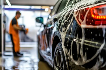 Washing a car in a professional car wash, it is covered with active cleaning foam