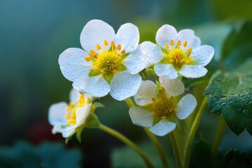 Obraz premium Delicate white strawberry flowers with yellow centers
