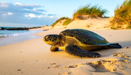 tortuga marina en la orilla, avanzando lentamente sobre la arena húmeda junto a dunas que colindan con el mar. Estilo fotografía documental de naturaleza, con enfoque nítido