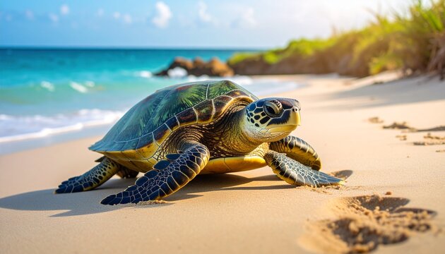 tortuga marina en la orilla, avanzando lentamente sobre la arena h&uacute;meda junto a dunas que colindan con el mar. Estilo fotograf&iacute;a documental de naturaleza, con enfoque n&iacute;tido