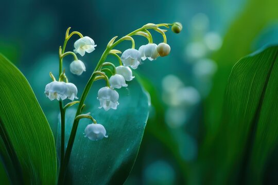 Delicate white lily of the valley blooms in a vibrant morning garden