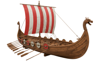 Isolated Viking Longship Sailboat Replica Model with Dragon Head Finial and Oars on Stand