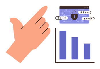 Hand pointing to secure passwords in a browser and bar chart analysis. Ideal for cybersecurity, data analytics, privacy, technology, business growth, internet safety, digital protection. Simple flat