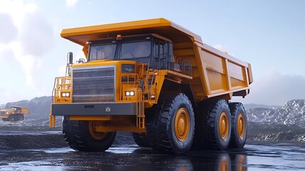 Giant Yellow Dump Truck on the Worksite Mining Transportation with Heavy Equipment.