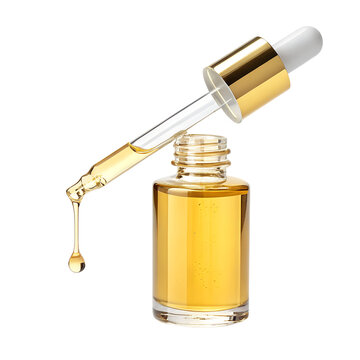 A golden beauty serum bottle with its glass dropper displays a single precious liquid drop, beautifully isolated for clean presentation.
