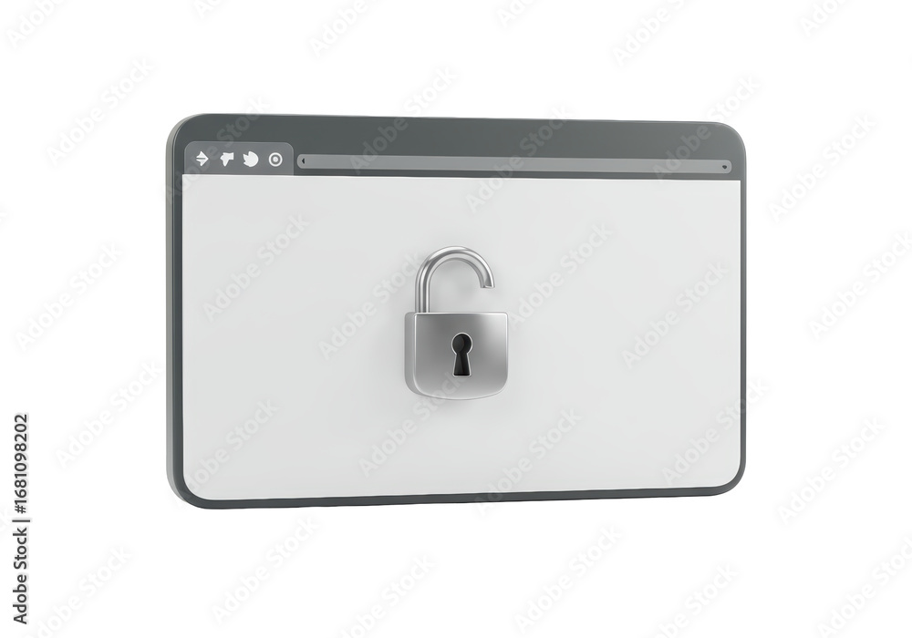 Poster isolated browser window with an open padlock illustrating digital security and safety