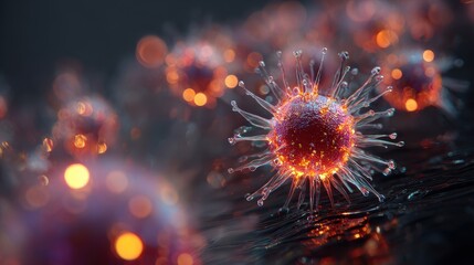 Virus under microscope, detailed glowing textures, 3D illustration.