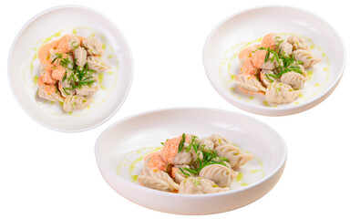 Dumplings with seafood in a plate. Transparent.