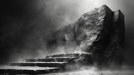 Mysterious Stone Steps Ascending Towards a Rocky Summit in Ethereal Mist