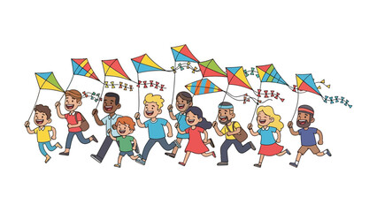 Fototapeta premium Joyful Skies: A vibrant scene of children and adults joyfully running with colorful kites, capturing the spirit of freedom and the bliss of outdoor play. 