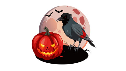 Vector art of halloween pumpkin with scary face and a crow