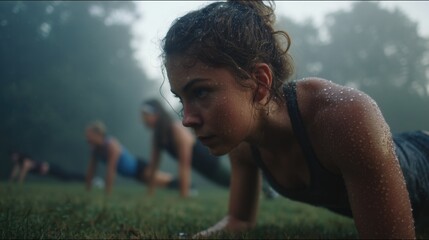 Women doing planks outdoors on grass in misty rainy weather, showcasing fitness determination and group workout motivation, ideal for wallpaper, poster in outdoor exercise and wellness concepts