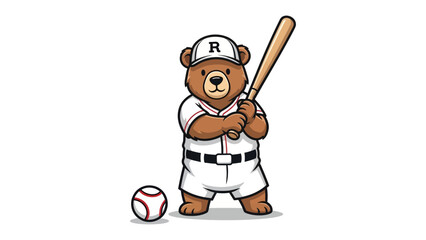 Bear Baseball Star: A charming illustrated bear, dressed in a baseball uniform with bat in hand, ready for the game, alongside a baseball.