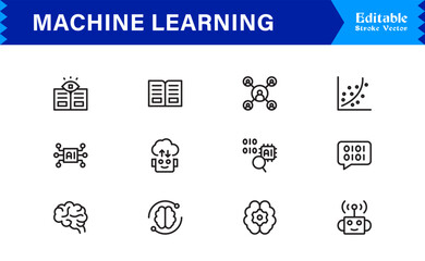 Machine Learning And Neural Networks: Professional Minimal Line Icon Collection With Pixel Perfect Vectors