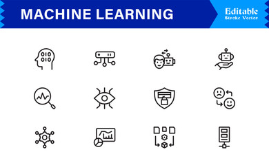Machine Learning And Neural Networks: Professional Minimal Line Icon Collection With Pixel Perfect Vectors