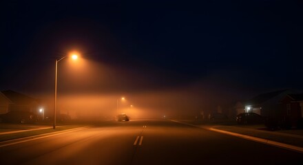 Foggy Night Road with Streetlights and Orange Glow.