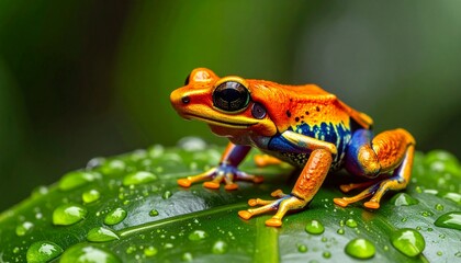 Naklejka premium Colorful Small Frog on Wet Green Leaf – Realistic Nature Macro Photography