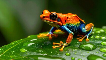 Obraz premium Colorful Small Frog on Wet Green Leaf – Realistic Nature Macro Photography