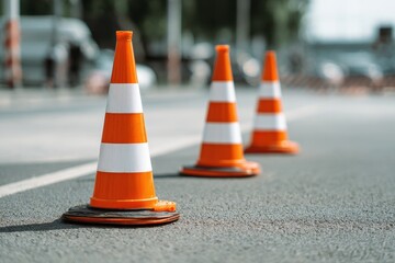 Construction traffic cones on gray asphalt