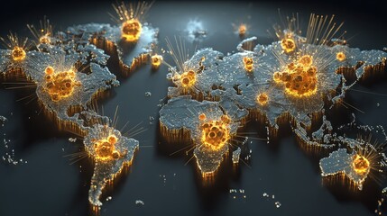 Obraz premium World map with glowing viral hotspots, 3D illustration.