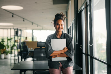 Successful happy african american business woman, startup coworker or software programmer engineer