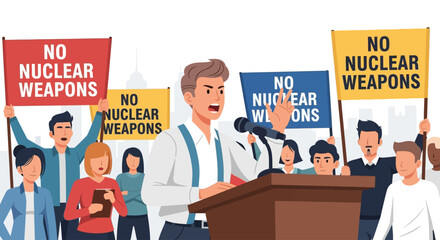 A passionate speaker addresses a crowd protesting nuclear weapons, holding signs demanding disarmament.
