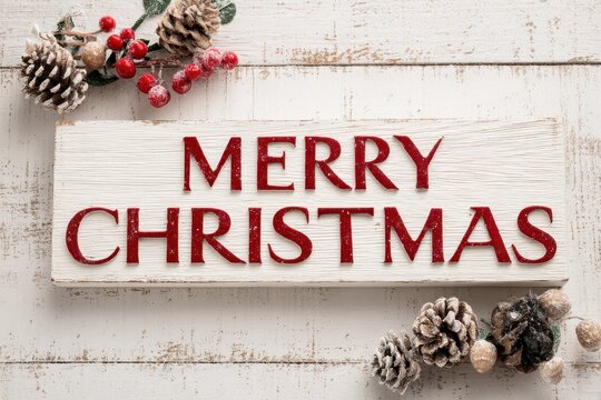 Close up of a white wooden table featuring a sign that says Merry Christmas
