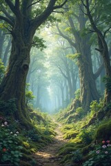 Obraz premium Enchanting forest path beckons with sunlight filtering through ancient trees, promising adventure and serenity