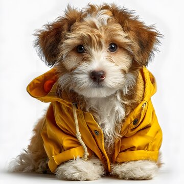 Adorable studio portrait of a fluffy Havapoo puppy wearing a yellow raincoat. The puppy sits patiently, isolated on a seamless white background.