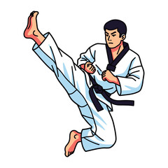High Kick Karate: Dynamic illustration of a martial artist executing a powerful high kick, embodying strength, agility, and focused discipline, with bold lines and striking contrast.