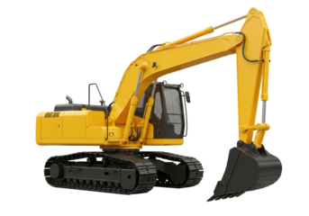 Isolated Excavator with Hydraulic Arm, Mechanical Digger, and Black Tracks on Construction Site