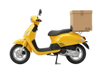Isolated yellow delivery scooter transports a cardboard box ready for shipping, sending