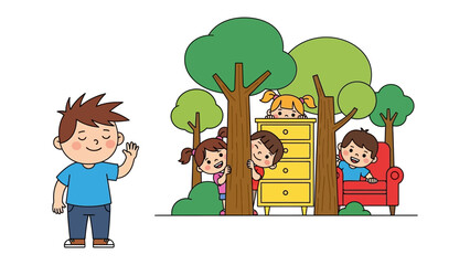Playful Hide and Seek: A group of children engages in a cheerful game of hide and seek near a cluster of trees, showcasing the joy of childhood.