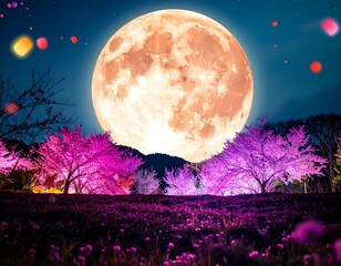 Full moon over illuminated cherry blossoms