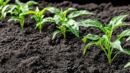 Growing green young pepper plants in rich soil home garden close-up natural lighting fresh growth concept